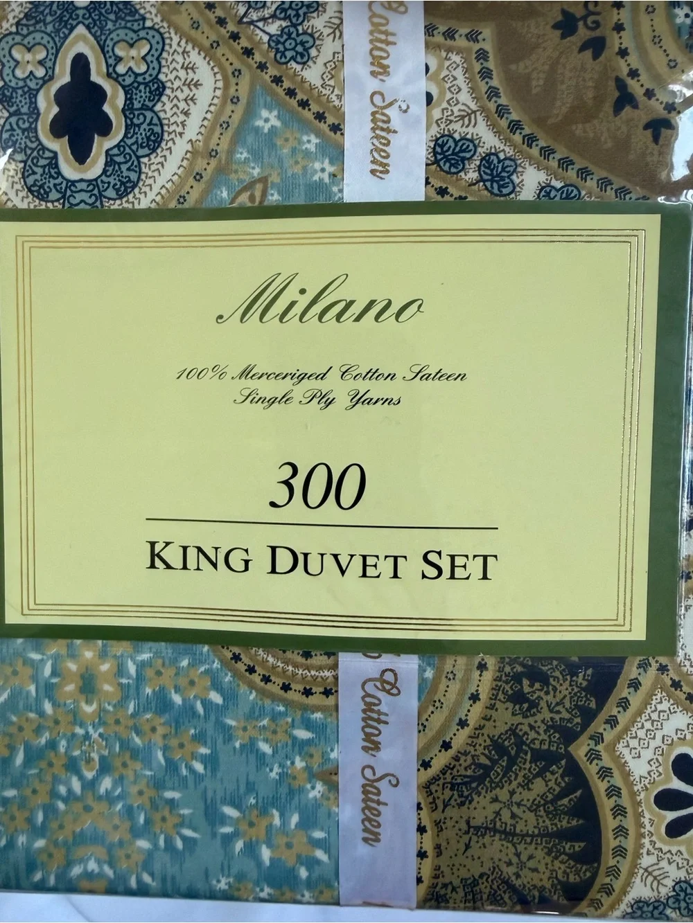 Milano King Duvet Set 3pc 300 TC 100% Cotton Sateen Blue Gold Paisley Medallion